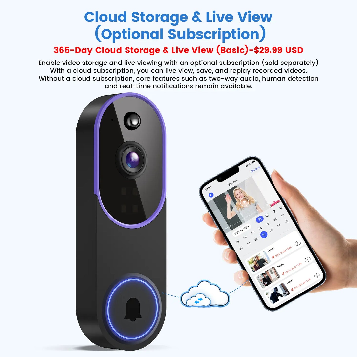 1080P Wireless Video Doorbell Camera, Smart AI Human Detection, FHD Live View, Cloud Storage, Night Vision, Two Way Audio, Instant Alert, 2.4G WiFi Only, Indoor/Outdoor Surveillance Cam for Home Security System