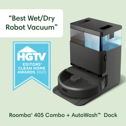 Roomba® Plus 405 Combo Robot Vacuum & Mop + AutoWash™ Dock – 70X Intense Suction with Carpet Boost, DualClean™ Mop Pads, Auto-Empty Debris, and Auto-Wash & Dry Mop Pads - up to 75 Days Hands-Free Cleaning