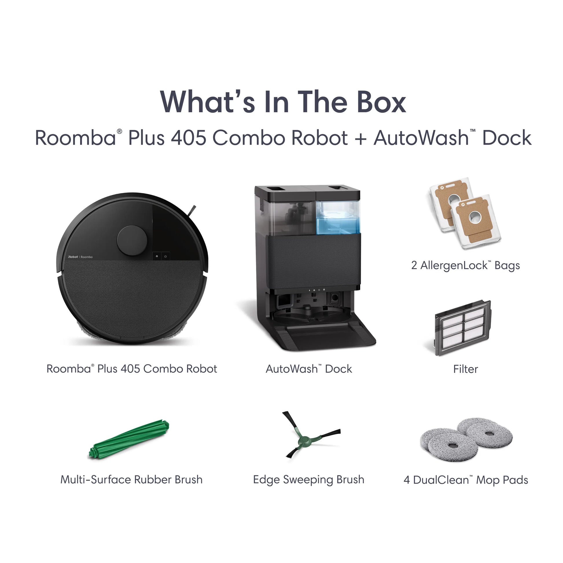 Roomba® Plus 405 Combo Robot Vacuum & Mop + AutoWash™ Dock – 70X Intense Suction with Carpet Boost, DualClean™ Mop Pads, Auto-Empty Debris, and Auto-Wash & Dry Mop Pads - up to 75 Days Hands-Free Cleaning