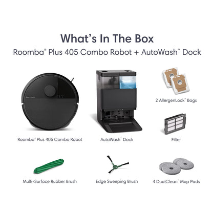 Roomba® Plus 405 Combo Robot Vacuum & Mop + AutoWash™ Dock – 70X Intense Suction with Carpet Boost, DualClean™ Mop Pads, Auto-Empty Debris, and Auto-Wash & Dry Mop Pads - up to 75 Days Hands-Free Cleaning