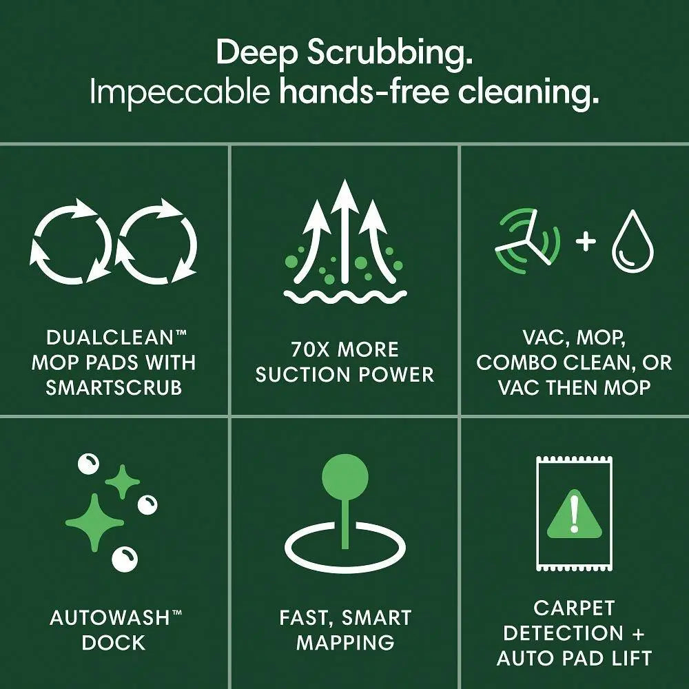 Roomba® Plus 405 Combo Robot Vacuum & Mop + AutoWash™ Dock – 70X Intense Suction with Carpet Boost, DualClean™ Mop Pads, Auto-Empty Debris, and Auto-Wash & Dry Mop Pads - up to 75 Days Hands-Free Cleaning